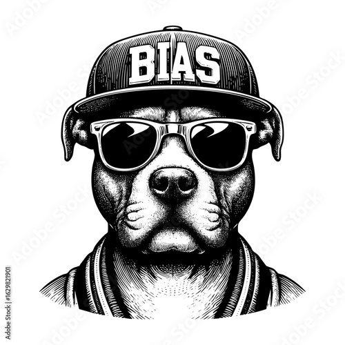Detailed Black and White Engraving of pitbull dog wears baseball hat  in Black and White Detailed Line Art