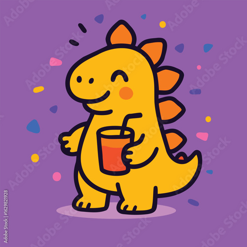 Cute yellow cartoon Stegosaurus dinosaur holding drink with straw surrounded by colorful confetti – fun kids party illustration