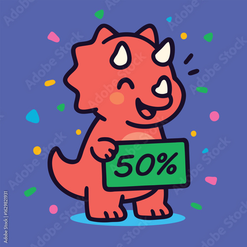 Cute pink cartoon Triceratops dinosaur holding 50 percent discount sign with colorful confetti – fun kids promotion and sale illustration