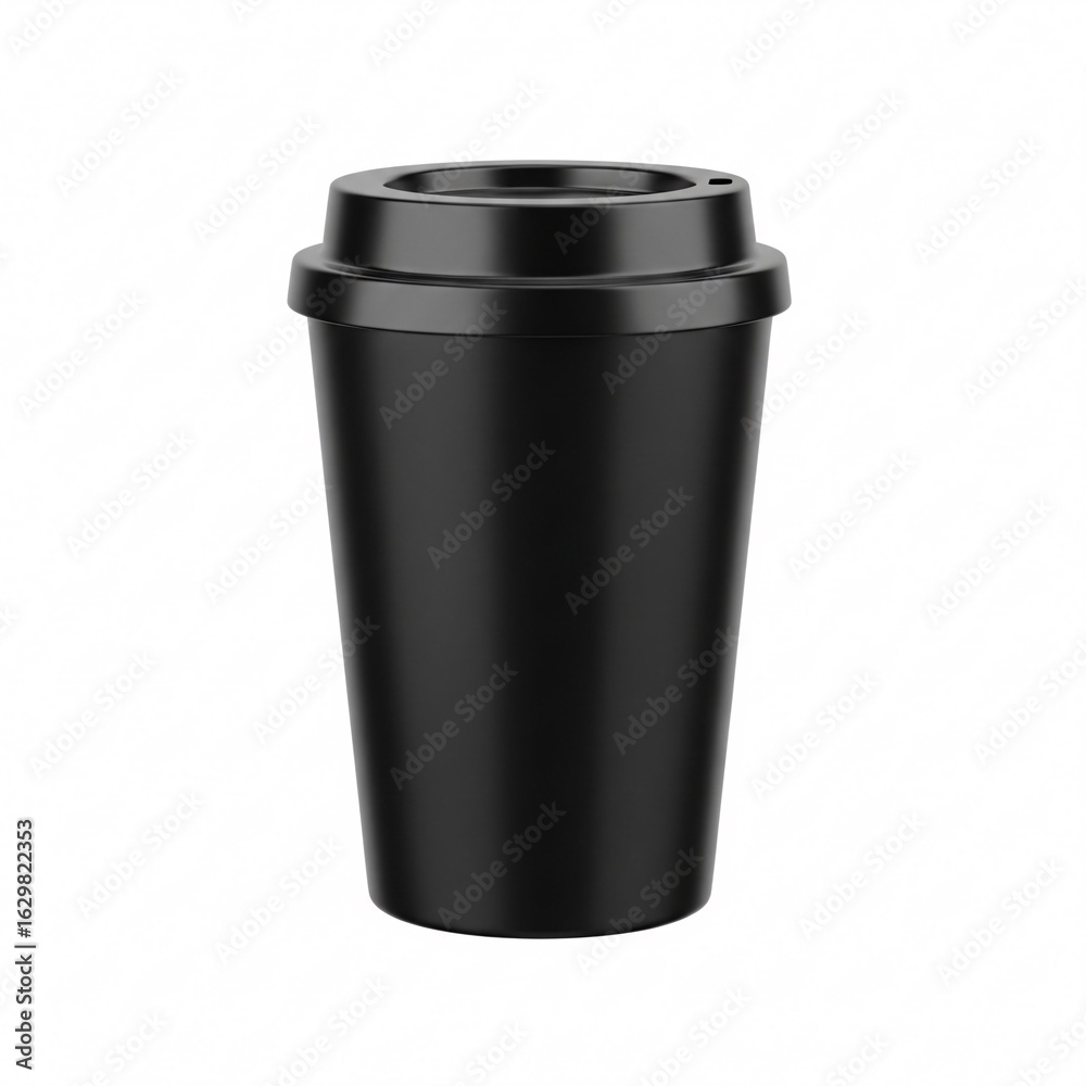 A plain black disposable coffee cup with a black plastic lid, A plain black disposable coffee cup with a black plastic lid,