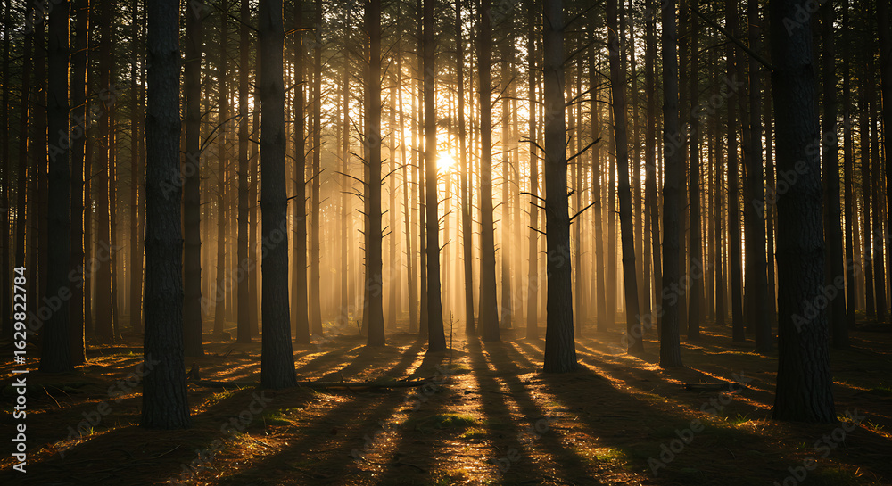 Fototapeta premium Golden Sunrise Rays Illuminating Misty Pine Forest; Serene, Atmospheric Landscape Photography.