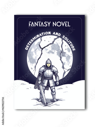 A warrior standing in front of a shattered moon, sword buried in snow – Fantasy Novel Cover design