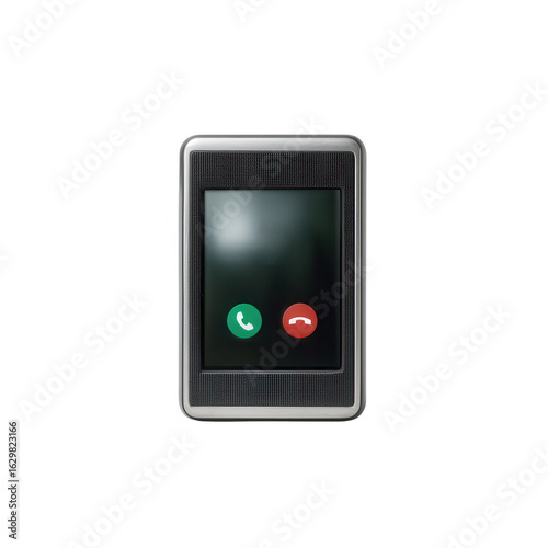 A modern touchscreen device displaying an incoming call interface with a green phone icon and a red hang-up icon on a white isolated background.