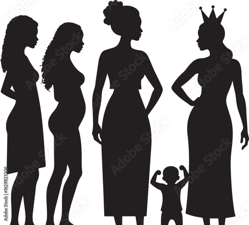 Diverse women and child silhouettes celebrate womanhood and strength
