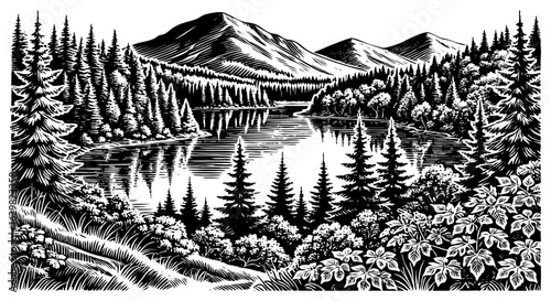 Lake with mountain forest landscape Vector black vintage engraving isolated on white
