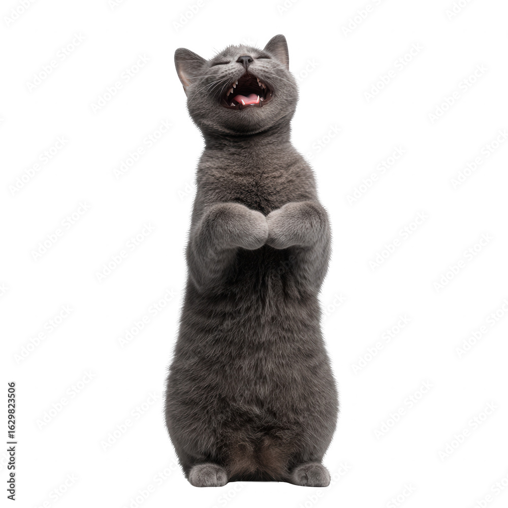 Fototapeta premium A playful gray cat joyfully standing on its hind legs, mouth open in a cheerful expression, against a white isolated background.