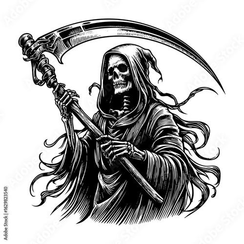 Grim reaper holding sickle in Engraved Vintage Style