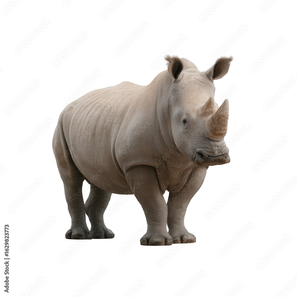 Fototapeta premium A realistic depiction of a rhinoceros showcasing its distinct features and natural vigor against a white isolated background.
