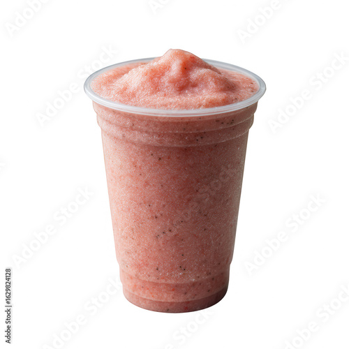 A refreshing and delicious strawberry smoothie served in a clear plastic cup, perfect for hot summer days and health-conscious individuals seeking a tasty treat.