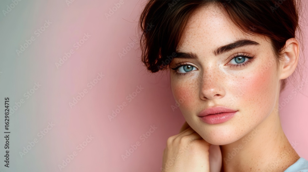 Fototapeta premium Stunning young woman with flawless skin and soft lighting in a professional studio for beauty ad