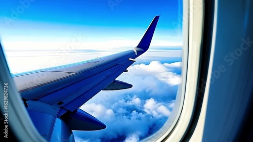 Airplane Wing in Flight Viewed from Passenger Window During Daytime Over Clouds