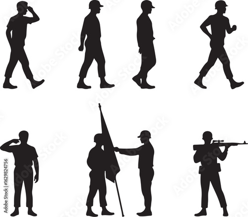 Soldiers in silhouette, marching, saluting, and aiming rifles