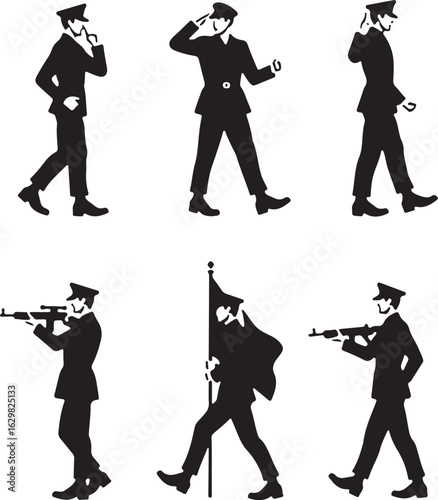 Soldiers in uniform marching, saluting, and aiming weapons