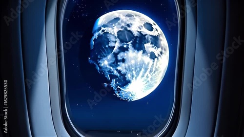 Earth Visible Through Airplane Window As Moon Illuminates Night Sky