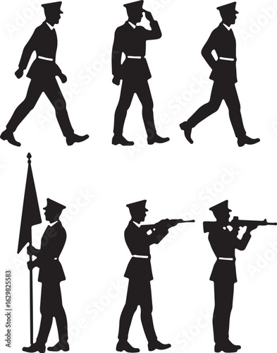 Soldiers in uniform in various poses, marching and aiming