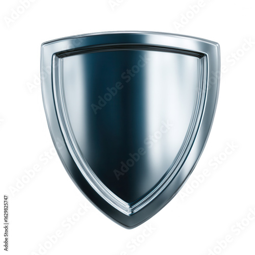 A sleek, metallic shield design showcasing a polished surface and modern aesthetics. Ideal for branding, protection themes, or as a graphical element in various contexts.