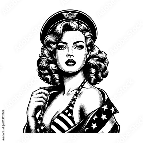 Detailed Engraving Style Illustration of retro woman wear America flag costume Black and White Engraved Style
