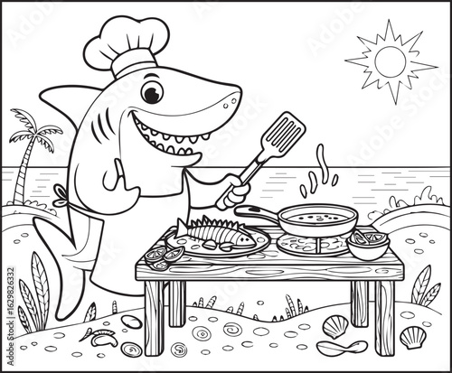 Chef shark cooking fish fried in sea beach beautiful scenery black line art vector illustration coloring page design for kids