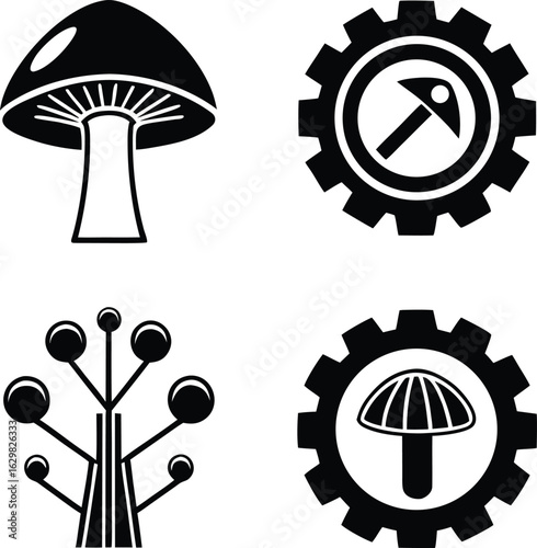 Mushroom, industrial, icon, set, nature, technology, silhouette, vector, black, isolated, illustration, design, fantasy, concept, logo