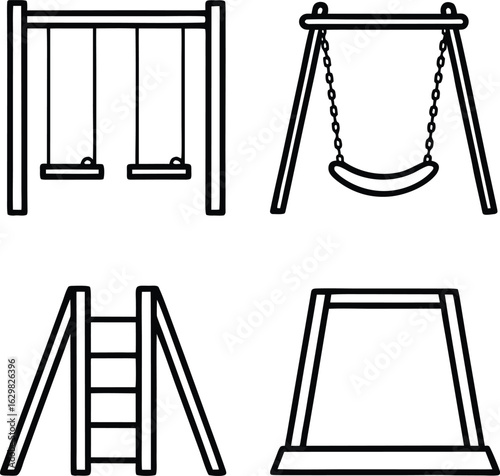 Playground, swing, icon, set, line, art, vector, black, white, isolated, illustration, design, park, outdoor, fun, children, activity