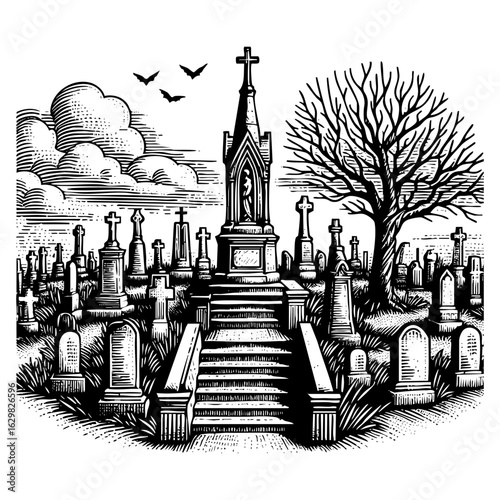 Illustration of	Bat flying on graveyard  Hand drawn vintage vector. Black and white.