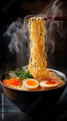 Hot Japanese ramen noodles lifted by chopsticks with steam rising, garnished with egg, seaweed, and vegetables, ideal for food menus, culinary ads, or Asian cuisine blogs