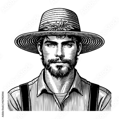 farmer wearing straw hat 	in Detailed Engraving Style Black and White. Isolated on transparent background. 