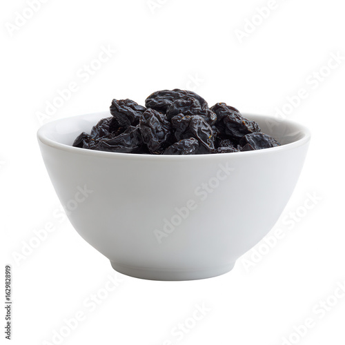 A white bowl filled with dark, plump raisins against a clean, white background, perfect for highlighting healthy snacking options or culinary uses in recipes.