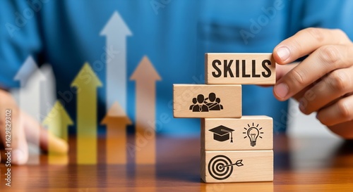 Skills Block: The image captures the essence of personal and professional development, with hands carefully arranging wooden blocks to spell out SKILLS, alongside symbolic icons representing growth.