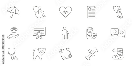 Healthcare And Insurance Line Icons. Medical Protection, Health Services, And Patient Care Outline Symbols. Editable Stroke. Isolated Vector Illustration