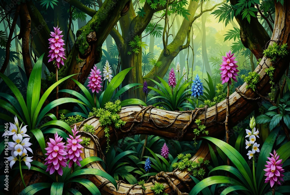 Obraz premium A vibrant tropical forest scene featuring a fallen log surrounded by greenery and colorful flowers, including pink orchids and blue lilies, creating a serene and enchanting atmosphere