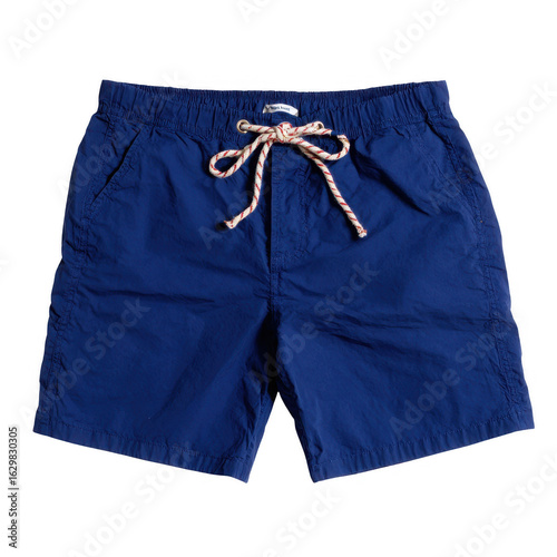 Casual blue swim shorts with elastic waistband and drawstring details, perfect for summer beach activities or lounging by the pool, set against a clean white background.