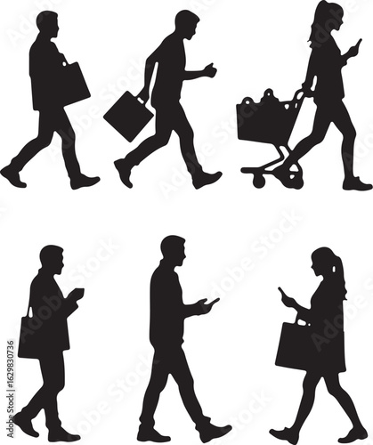 People walking with shopping bags and phones in silhouette