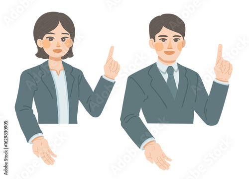 説明をするスーツ姿の女性と男性のバストアップイラスト
