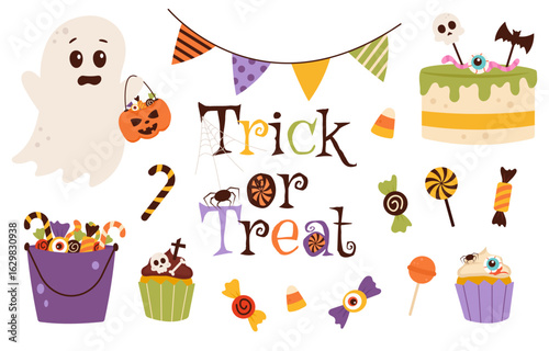 Cute Halloween candy set with trick or treat text and decorations. Flat vector illustration isolated.