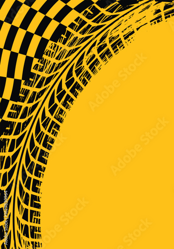 Background of racing track tires and checkered flag