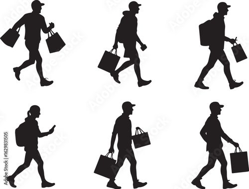 People walking with shopping bags, busy lifestyle silhouettes
