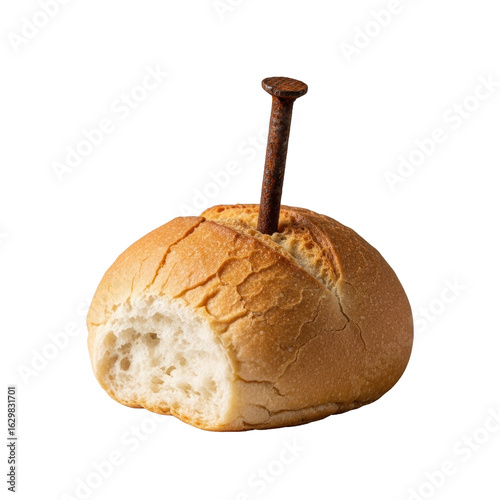 A single dry stale bread roll with a rusty metal nail hammered into its top-center, isolated on a perfectly smooth transparent background with shadowless studio lighting, concept of decay and hardship