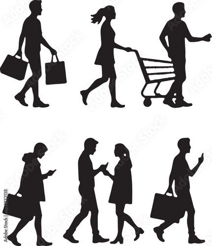 People shopping and using phones, modern lifestyle silhouettes