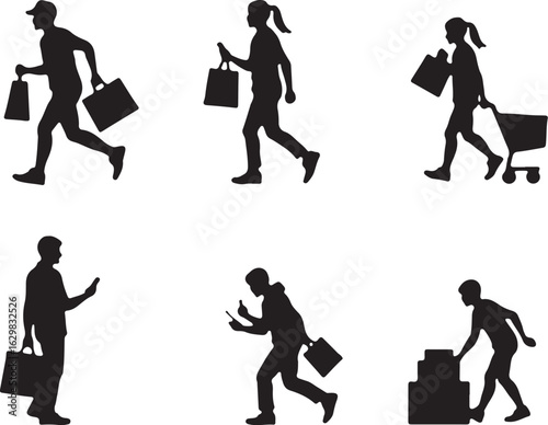 People shopping and carrying bags and boxes silhouettes
