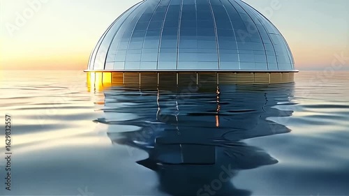 Futuristic Geodesic Dome Floating on Calm Water During Sunset with Soft Lighting
