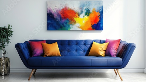Fototapeta Naklejka Na Ścianę i Meble -  Blue couch with wooden legs and colorful pillows against white wall with abstract decor