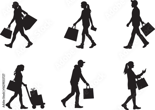 People shopping, carrying bags, using phone, pulling cart.