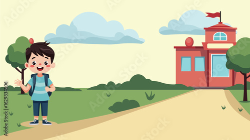 Smiling Schoolboy Standing Near School Building - Flat Cartoon Vector