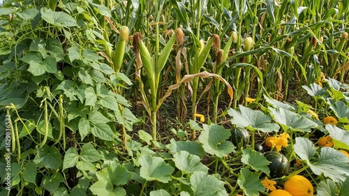 Three Sisters companion planting in a lush summer garden. Corn, beans, and squash growing together in a sustainable agricultural system.