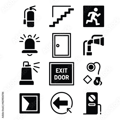 Minimalist fire escape icon set with exit door, emergency stairs, alarm bell, extinguisher, hose, smoke detector, and safety symbols.eps