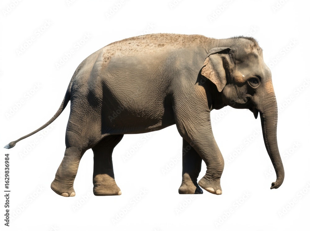 Fototapeta premium an elephant with wrinkled skin and a noticeable tusk on a light background. The ear is decorated with light spots, emphasizing its uniqueness and strength.