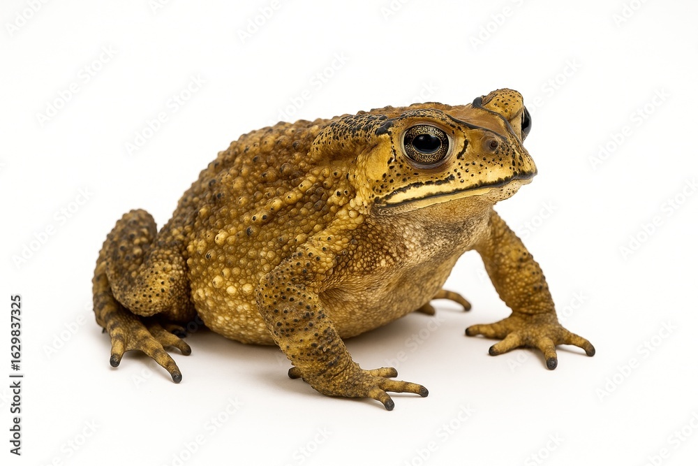Fototapeta premium A large brown toad with pimply skin and expressive eyes is sitting on a white background, looking to the right. Her thick body and unique texture.