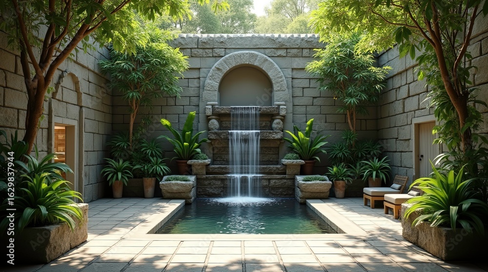 Fototapeta premium Tranquil Garden Fountain Surrounded by Lush Greenery and Flowers, Serene Courtyard Fountain with Lush Tropical Landscaping