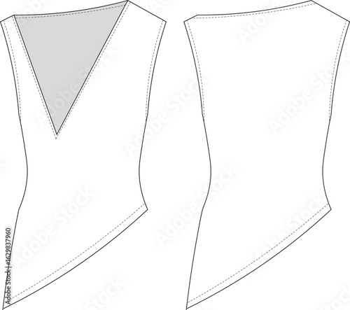 sleeveless asymmetric v neck hem bodycon fit blouse top template technical drawing flat sketch cad mockup fashion woman design style model 

